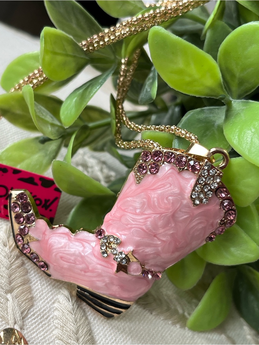 Betsey Johnson Pink Jeweled Cowboy Boot Pendant Necklace ~New~ - Picture 2 of 8